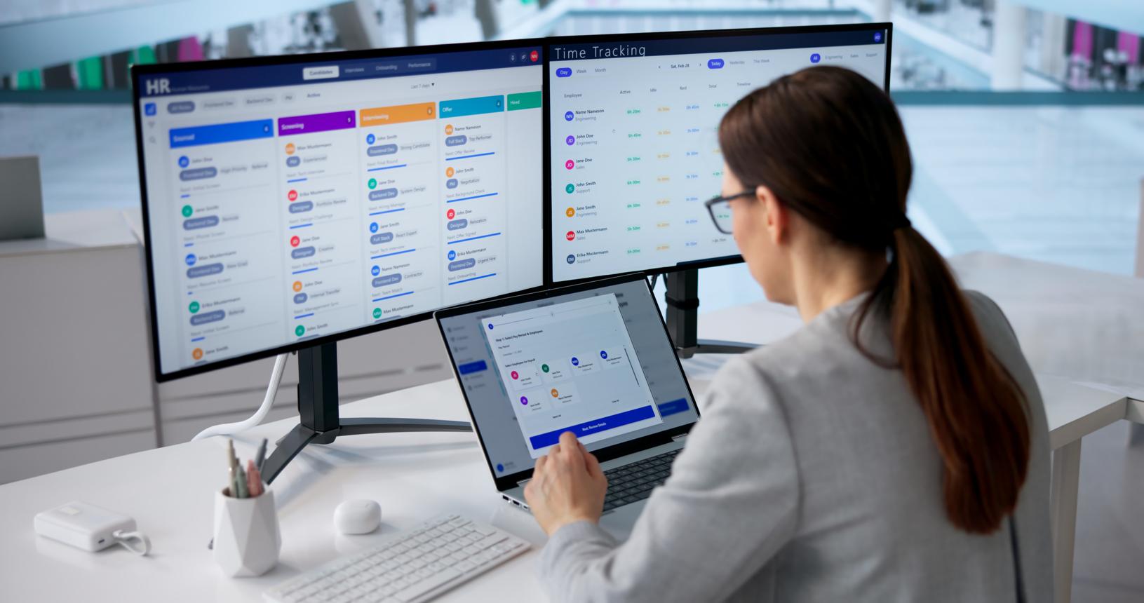 Modern payroll software dashboard showing salary processing and analytics